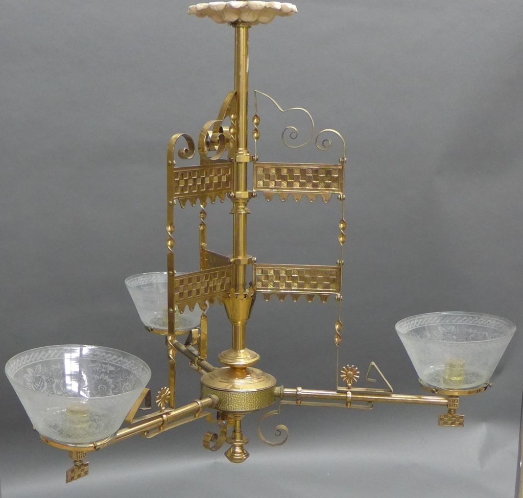 Aesthetic Style Gas Light Chandelier: Victorian 3 arm aesthetic gas chandelier with etched glass shades. Some chips to the bottom of the glass shades. Height: 29", Width: 32" (lighting, electric, interior design, accent piece, Aestheticis