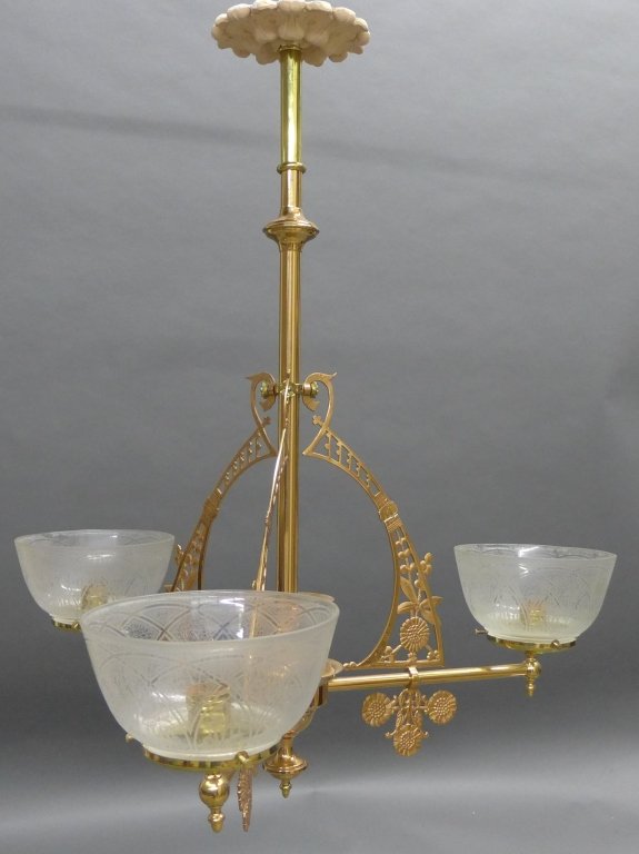 Victorian Aesthetic Style Gas Light Chandelier: Victorian 3 arm brass/ bronze aesthetic gas chandelier with etched glass shades. Some chips to the bottom of the glass shades. Possible old repair. Height: 32", Width: 26" (lighting, electric, interio