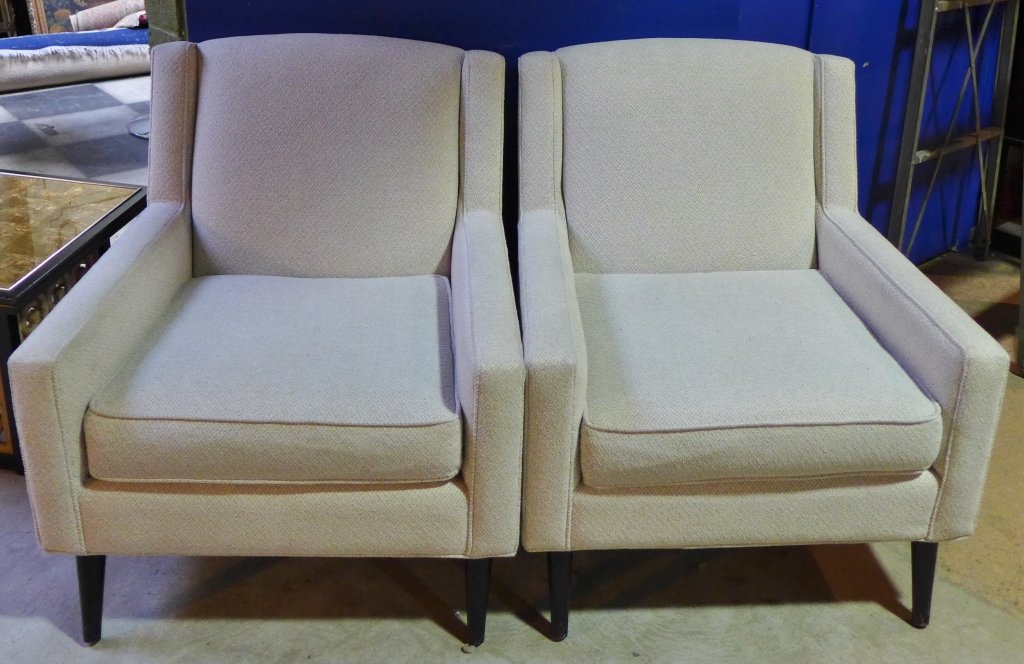 Pair Upholstered Lounge Chairs: Two matching modern upholstered arm chairs by room and board. No noticeable discoloration. Height: 34", Width: 30", Depth: 34" (furniture, seating, living room, interior design) STERLING ASSOCIATES ST