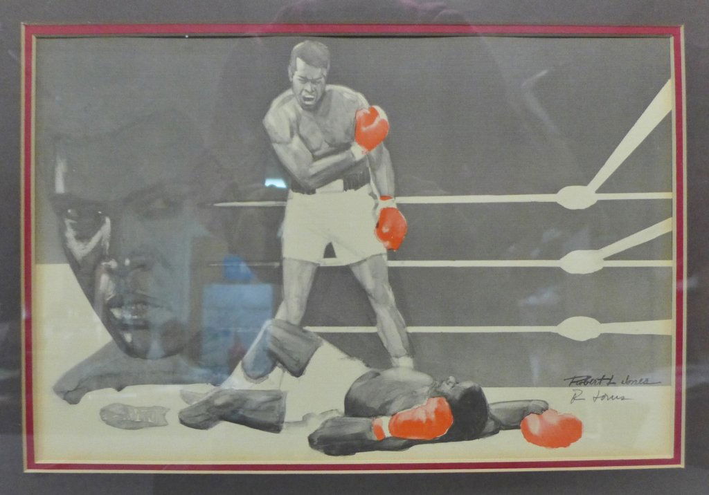 Muhammad Ali Lithograph: Muhammad Ali victorious after first round knockout of Sonny Liston at St. Dominic's Arena. Lithograph signed Robert L Jones both in print and underneath in that in pencil. Framed under glass. Height: