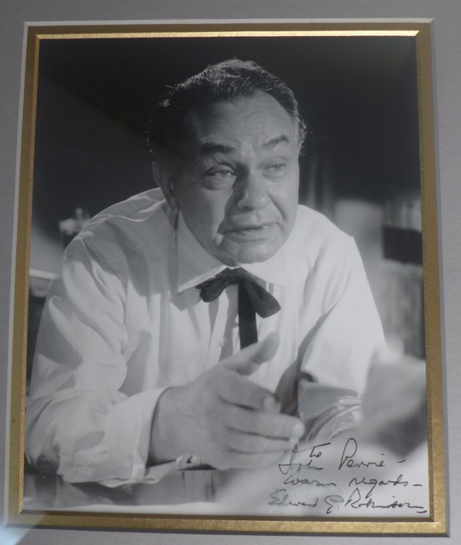 Edward G. Robinson Autographed Photo: Black & white photograph of Edward G. Robinson. Signed and inscribed. Edward G. Robinson (born Emanuel Goldenberg; 1893 – 1973) was a Romanian-born American actor. A popular star on stage and screen
