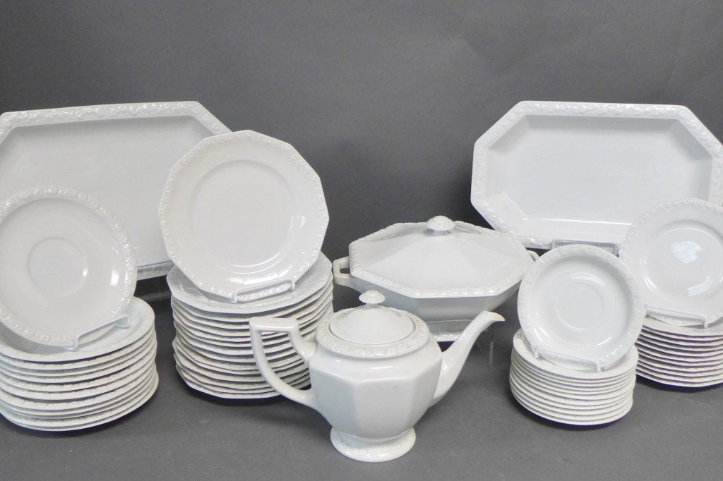 Grouping of Rosenthal Fine China: Rosenthal Maria White dinnerware includes:-Two octagonal serving dishes. Lengths: 15" & 13"-Octagonal covered vegetable dish. Total Height: 5 1/2", Width including handles: 10 3/4"-Teapot with lid. He