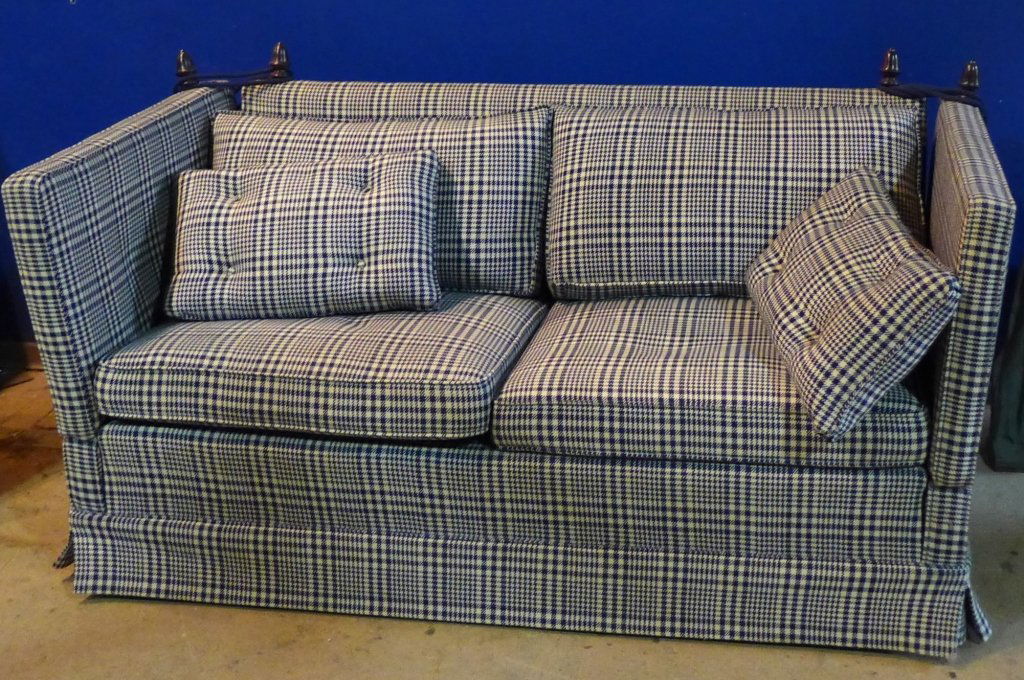 Vintage Plaid Knole Sofa: Lovely blue and ivory plaid sofa couch. Removable cushions. Height (to top of finial): 34", Width: 64", Depth: 32". Some imperfections.(furniture, seating, interior design)STERLING ASSOCIATES STRIVES