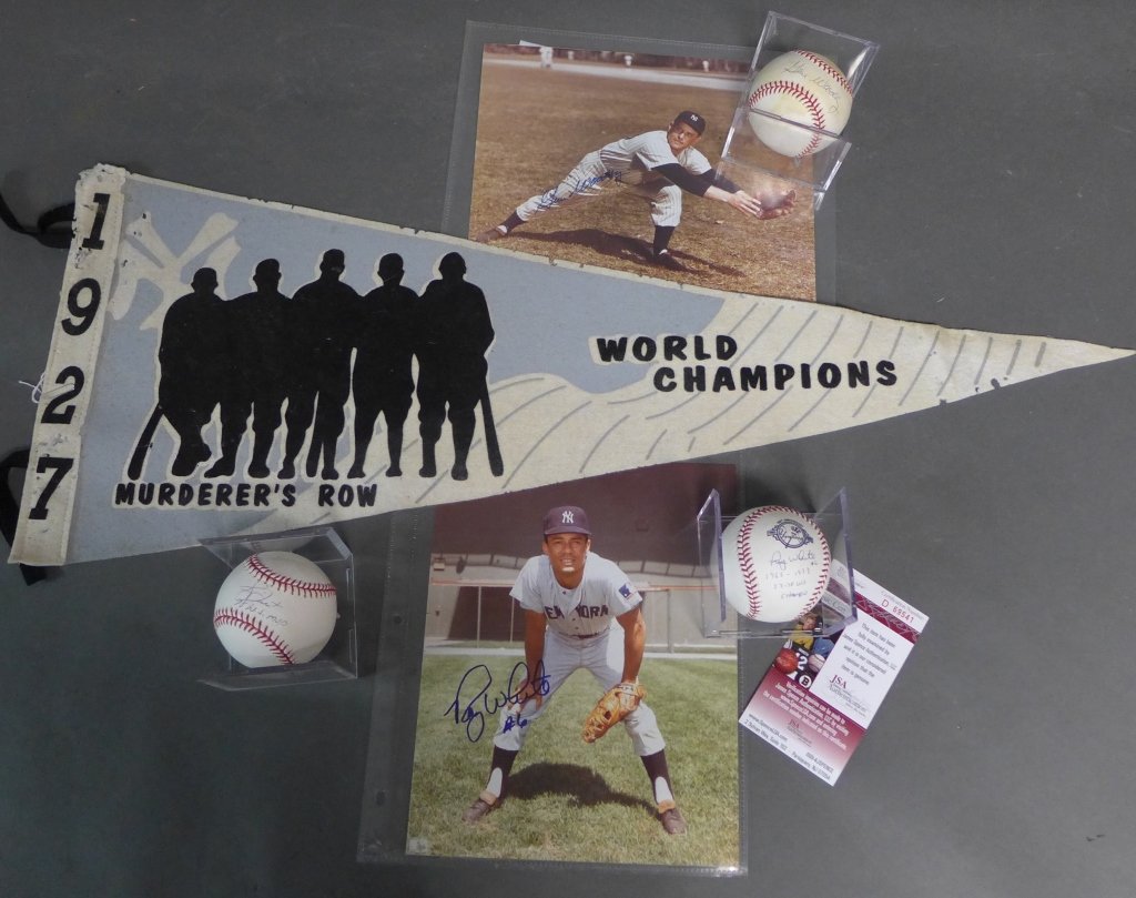 New York Yankees Autographs & Memorabilia: Collection includes:-Custom Made Murder's Row Pennant. 1927 "Murder's Row" World Champions pennant flag. Not known to be made by the New York Yankees baseball club. Imperfections and wear. Height: 11 