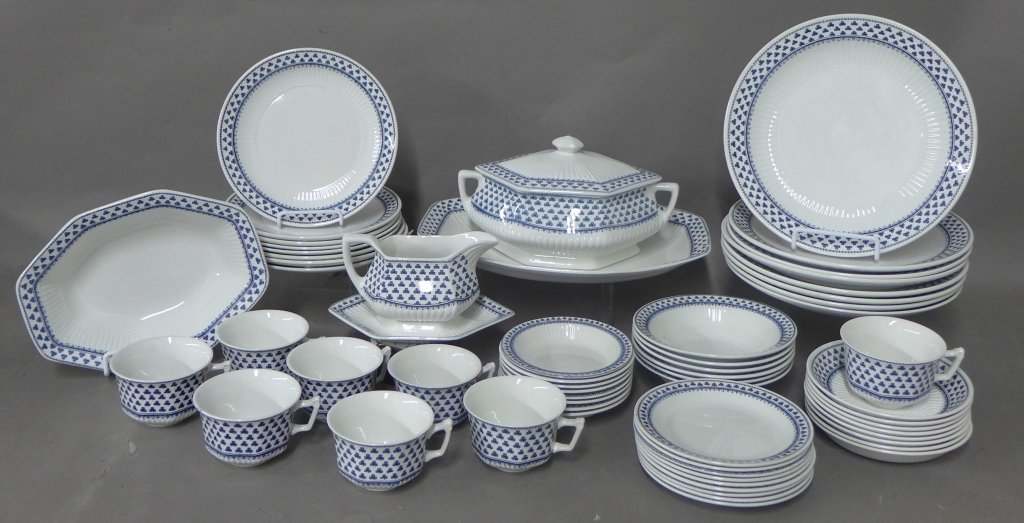 Brentwood Empress Blue Clover Rib White Fine China: Brentwood pattern by ADAMS, Real English Ironstone, member of the Wedgwood group. Setting for 8. Collection includes:-8 tea cups (2 have noticeable chips) and matching saucers-1 gravy boat and 1 servi