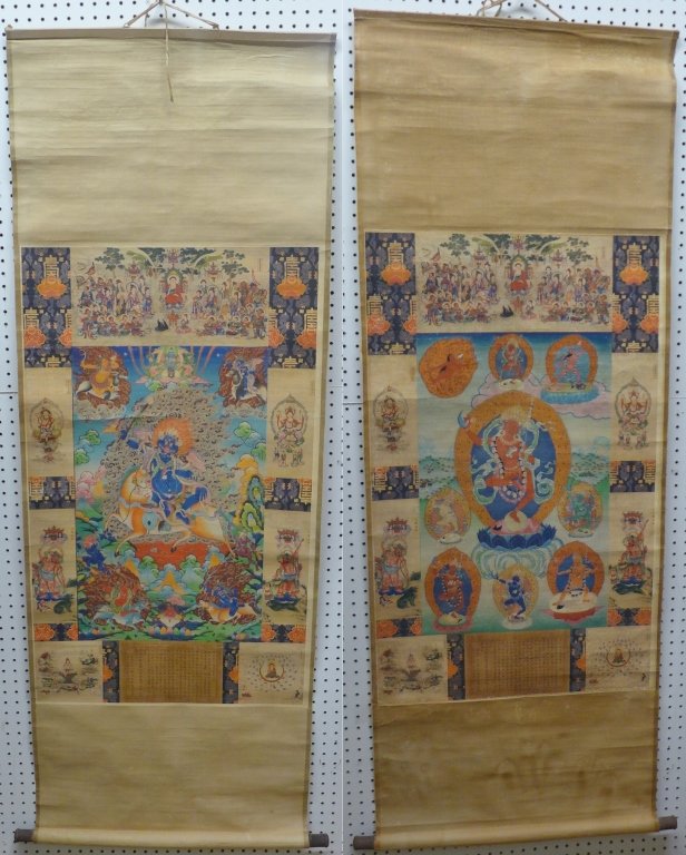 Pair of Paper Hindu Export Scrolls: Two paper scrolls depicting Hindu deities.Both scrolls feature figural scenes, Asian characters and more.Imperfections, wear.Height: 67"; Width: 28".(Japanese, Chinese, antique, Orientalist) STERLING