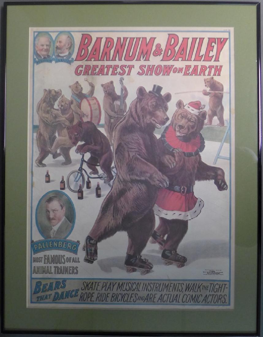 Barnum & Bailey / Bears that Dance. 1916: Antique original Barnum & Bailey poster. While the poster promises that these bears will not only roller skate, but also ride bicycles, dance, play instruments, and walk a tightrope, the true talent i