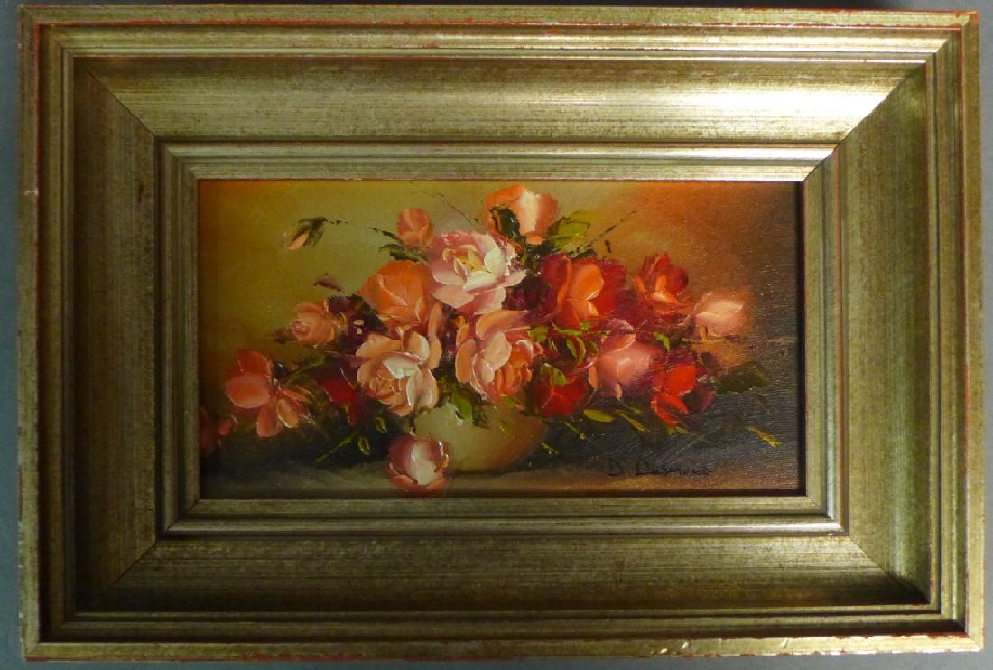 Signed Still Life Painting: Sweet painting depicting floral arrangement of red and pink roses in a vase. O/B signed on bottom right: D. Desmond. Height: 8 3/8", Width: 12 3/8" & Image Size: Height: 4 1/2", Width: 8 1/2" (Oil on 