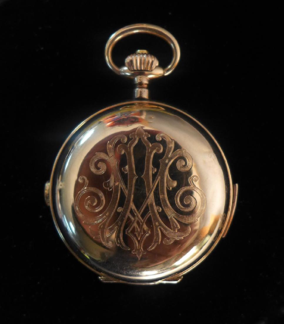 Double Plateau Spiral Breguet Pocket Watch 14k: 14k yellow gold Hunters Case Quarter repeater Pocket Watch, Engraved "Repetition A 1/4 / Chronograph / Ancre Ligne Droite Spiral Breguet / Double Plateau / Balancier Compense / 28 / Rubis" Case marked