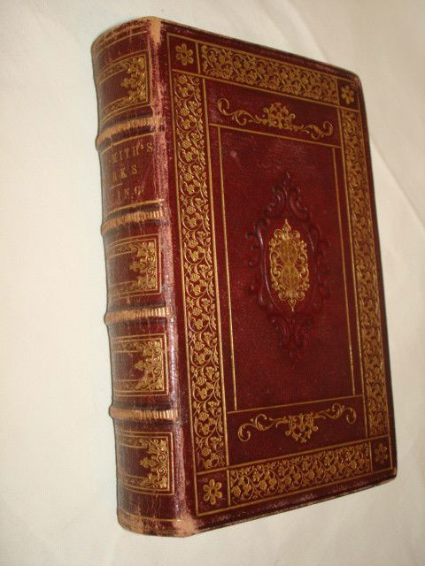 19th C Book Oliver Goldsmith's Works: Dimensions 7" x 4". Good Condition, Leather bound w/ gold decoration. Cover lightly rubbed. Inscribed by James Sheridan, Lincoln-Douglas debate reporter & official reporter of the New York Supreme Cou