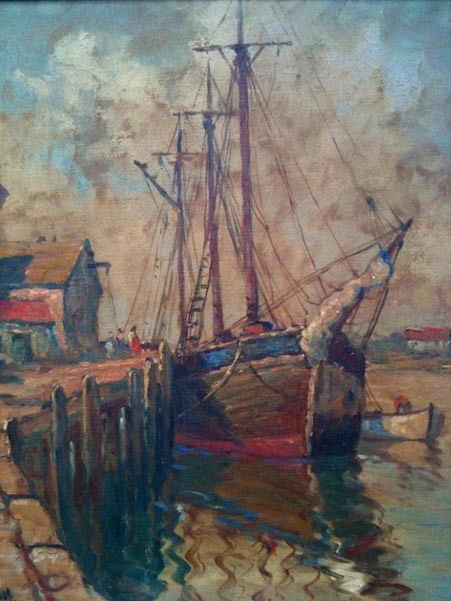 William Ward Jr. Oil on Canvas "The Anchorage",: Oil on canvas painting of ship in harbor, entitled "The Anchorage". Signed William Ward Jr. in lower left.Dimensions: Canvas: 26 x 20"Framed dimensions: 31.5 x 25.5"Condition: Original canvas, origina