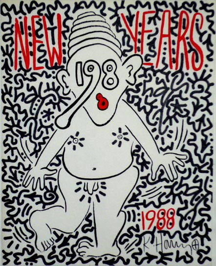 Keith Haring/ LA II "New Years 1988": Keith Haring/ LA II Collaboration: "New Years 1988"Keith Haring and LA II (Angle Ortiz), original graphic/color silk screen. Original Sumi ink art of LA II.Medium: silk screen and Sumi ink.Dimension:
