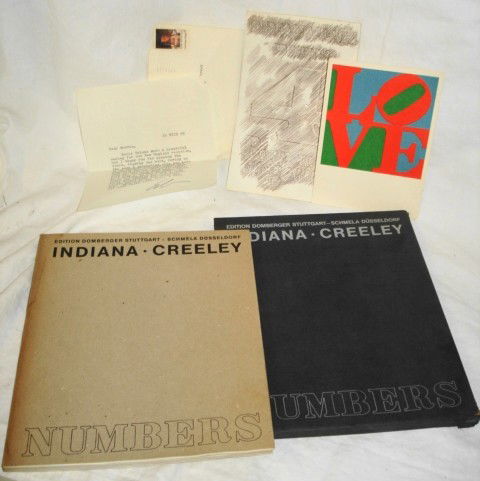 Robert Indiana autographed letter & ephemera: Robert Indiana autographed letter & ephemera including original letter typed on his letterhead and hand signed. Postcard, "Love", with Robert Creeley poem, signed; printed program for Orford String Qu