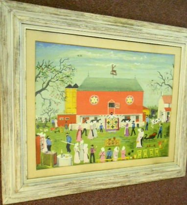 Folk Art Amish Painting, "Quilt Sale": Folk Art Amish Painting, "Quilt Sale". Medium: Mixed Media on Artist's Board. Unsigned Title: "Quilt Sale" Dimensions: Image: 26.5" x 20.5"; Framed: 37.5" x 31.5". Condition: Very good. Provenance: Pr