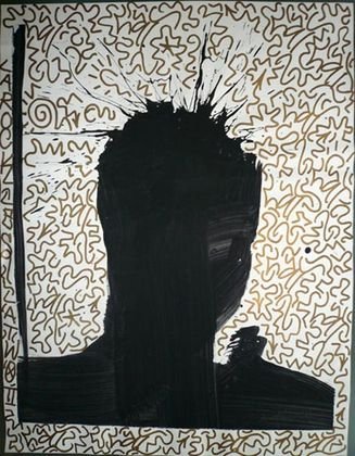 Richard Hambleton/LAII "Shadow" Painting: Richard Hambleton (American b. 1954)LAII (American b.1967)Collaborative work, including Hambleton's iconic shadow head and LA II's tag throughout.Style: Graffiti/Urban ArtMedium: Black acrylic and gol