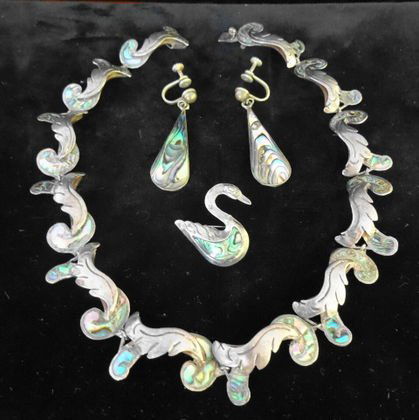 Mexican 3 Pc. Sterling & Abalone Jewelry: Mexican 3 Pc. Sterling & Abalone Jewelry including a 15 inch scroll necklace.Signed:Taxco, Mexico, 925, Beto, CroEarrings: 2 inch sterling & abalone drops with screwbacks.Signed: Alpaca, Cvala, Mexico