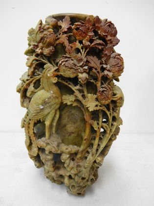 19th C Chinese Carved Soapstone Vase 13 1/4": 19th C Chinese Carved Soapstone Vase, 13 1/4" Intricate carvings of birds, flowers & foliage. Dimensions: 13 1/4" (H) x 8" (W) Condition: Excellent. No breaks or cracks noted. Needs cleaning. Provenan