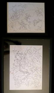 Deforest Stull, Abstract Drawings (2), signed: John Deforest Stull (American 1910-1972) was a prominent WPA artist.Medium: Ink drawings on paper-board,Signed: D. Stull and estate stamp: Estate of John Deforest Stull on back.Dimesions: 1. Image: 11