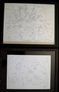 Deforest Stull, Abstract drawings (2), signed: John Deforest Stull (American 1910-1972) was a prominent WPA artist.Medium: Ink drawings on paper-board.Signed: D. Stull and estate stamp: Estate of John Deforest Stull on back.Dimensions: 1. Image: 1