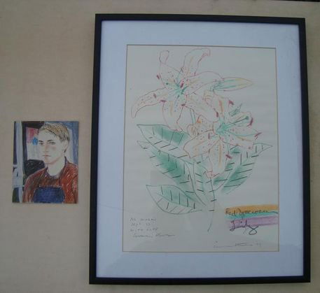 Larry Stanton(b1947- d1984) Original Mixed Media: Larry Stanton(b.1947 d.1984) Original mixed media signed & dated 1973. Beat era artist.Title: Red Speciosa Lliy 1973.Inscribed and signed in pen: For Morris, Sept.73, With love...Lawrence Stanton anda