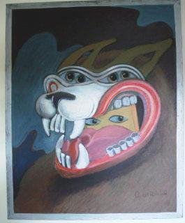 Ben Birillo "Vertical Dogs" Original Painting: Ben Birillo (American b. 1928) was a major figure in the Pop-Art world. He worked with Andy Warhol, Roy Lichtenstein, Jasper Johns and others.Style: Pop ArtMedium: Oil on canvasSigned: Lower rightDime