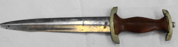 German Nazi Dagger, c. 1930, NSKK, Eagle Swastika: German Nazi dagger, c. 1930, engraved at the 8.75" blade "Alles fur Deutchland" (Everything for Germany), lightly marked at the reverse ricasso the logo of Rob Giersch, Solingen, nickel cross guards, 