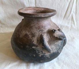 Pre-Columbian Figural Vessel, Double Frog Effigy: Pre-Columbian Figural Vessel"Double frog effigy"The "handles" are frog faces with arms.Dimension: 6.7" (W) x X 4.7" (H)Condition: Very good, no chips, nice patinaProvenance: Private collection: Boston