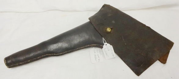 Civil War Era Leather Colt Pistol Holster: Civil War Era Leather Colt Pistol Holster with Brass button closure. Condition: Old, hand sewn repair noted. 2 small splits/holes in leather noted. Dimensions: Total length: 13 1/2" ; Barrel sheath 11