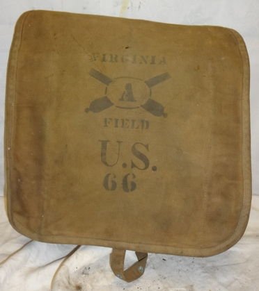 Spanish American War Knapsack, US Virginia Field: Spanish American War Knapsack, US Virginia A Field 66 printed on exterior. Rock Island Arsenal.1906 printed on inside of sack. Constructed of canvas. Metal rings, buckle are intact. Dimensions: 14" x 