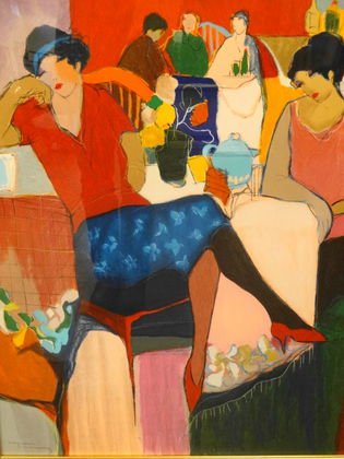 Itzchak Tarkay, Women in Cafe Silkscreen, signed: Itzchak Tarkay (Yugoslavian.Israeli, b. 1935) large silkscreen. Subject: Women in Cafe Medium: Silkscreen Signed: In pencil, lower left. Dimensions: Framed: 35 3/4" x 41"; Site: 30 1/2" x 26 Condition