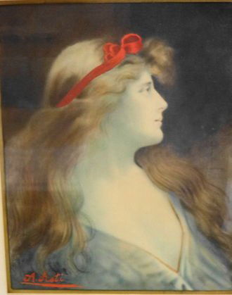 Angelo Asti Hand Painted Chromolithograph: Angelo Asti (Italian/American, 1847-1903), KPM Portrait artist. Medium: Hand Painted Chromolithograph of Victorian Beauty.Signed: In plate, lower leftDimensions: Framed 23" x 20"; Site: 11 3/4" x 9 1/