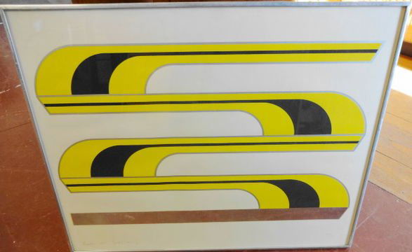 Gerald Laing Serigraph w/ Mylar Collage, signed: Gerald Laing (British, 1936-2011) Serigraph with diecut Mylar collage.Title: HeadersMedium: Serigraph in colors & Mylar collageSigned & Titled: In pencil,lower left.Embossed seal lower rightDated: 196