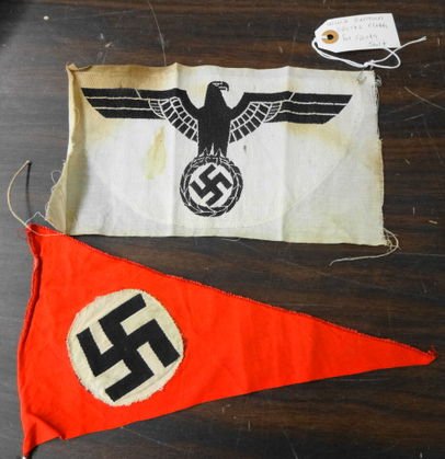 WW2 German Pennant and Sport Emblem: WW2 German Pennant and Emblem for a sporting shirt. Thin cloth pennant with applied Swastika - machine stitched applique. Size: 11-1/4" x 6" Sports cloth emblem printed fabric. Size: 10" x 6". Conditi