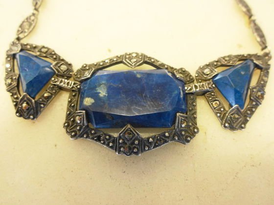 Sterling, Lapis & Marcasite Necklace: Sterling, Lapis & Marcasite Necklace Marked: Sterling, Germany. Length: 14 1/2" Lapis center stone measures 1" x 5.8", 2 triangular stones measure 1/2" x 1/2". Condition:Good vintage condition. Missin