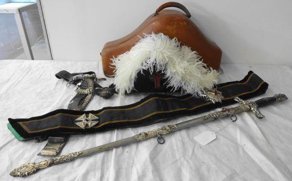 Freemasons Knights Templar Hat, Sword: Freemasons Knights Templar Hat with carrying box. Hat marked inside W M H Horstmann Company, Philadelphia, Melancthon W Jenkins - no markings leather case. Sash to vestment with 2 badges- marked same