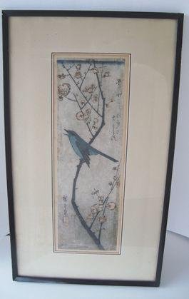 Ando Hiroshige 19th C Woodblock. Miyanoshita Seal: Ando Hiroshige (Japan, 1797-1858) 19th C Woodblock. Authenticated by S.M. Shiba, Miyanoshita, as attested by his seal. Woodblock is vertical nature, depicting birds & branches. Dimensions: Framed: 11"