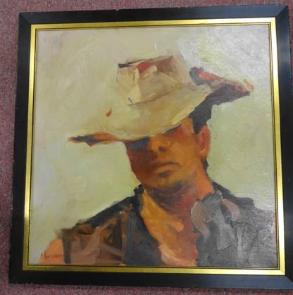 Chris Koczwara Oil Painting, Cowboy, signed: Chris Koczwara Oil Painting, Cowboy, signed. Medium: Oil on Canvas Signed: Lower left. Subject: Cowboy Dimensions: Framed: 23" x 23"; Site: 20" x 20" Condition: Very good. Slight flaking noted. Proven