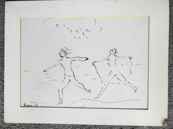 Eugene Berman Ink Drawing, 2 Nudes: Eugene Berman (Russian, 1899-1972)Medium: Ink drawing on paper.Year: 1957Dimensions: 14" x 10 3/4", unframed.Condition: Good unframed condition.Provenance: Private estate