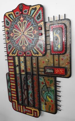 Modern Outsider Art Sculptural Wall Clock, signed: Modern Outsider Art Painted Wall Clock, constructed of wood & found objects. Quartz /battery movement. Signed: John Sanders Dated: 1991 Dimensions: 50" x 32 1/2" Condition: Very good condition. Proven