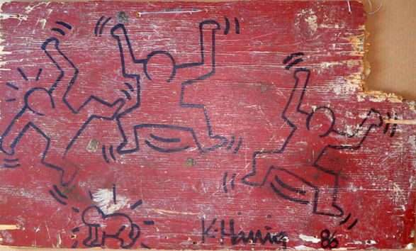 Keith Haring Painting on Found Object: Keith Haring Painting on Found Object, "3 Dancing Figures with Radiant Baby"Medium: Wood, painted burnt red with black paint marker.Signed and dated: Lower right - "K. Haring (19)86"Condition: Good, w