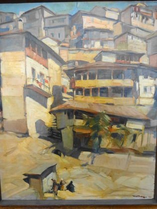 Cubist Painting, Village Scene c 1930, Artist signed: Cubist Painting, Village Scene Medium: Oil on Canvas Signed: Artist signed lower right and on back Dated: 1930 Dimensions: Framed: 25 1/4" x 30 1/2"; Site: 23" x 28 1/2". Condition:Several small repai