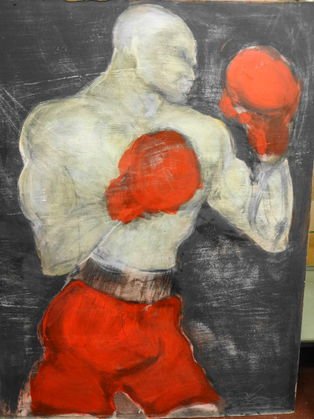 Mid Century Oil Painting on Board "Boxer": Mid Century Oil Painting on Board "Boxer" signed lower right corner. Dimensions: 48" x 37" Condition: Very good, slight wear outer edging, paint loss noted upper corner (1) area. Dimensions: 48" x 37"