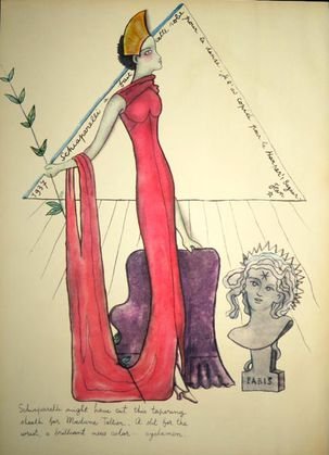 Jean Cocteau, "Schiaparell Fashion", 1937: Jean Cocteau, France, 1889-1963 Medium: Colored lithograph Signed in image and dated: 1937 Dimension: 9.7" X 13" Condition: Very good Provenance: Connecticut Estate