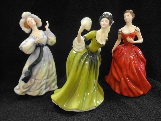 3 Royal Doulton Figurines: 3 Royal Doulton Ladies, (Grand Manner HN 2123, Tableware ltd 1974, 8"H); Simone HN2378, cop 1970 8"H; Innocence HN 2842, Tableware ltd 1978, 8"H) Condition: Excellent with no apparent repairs. Provena