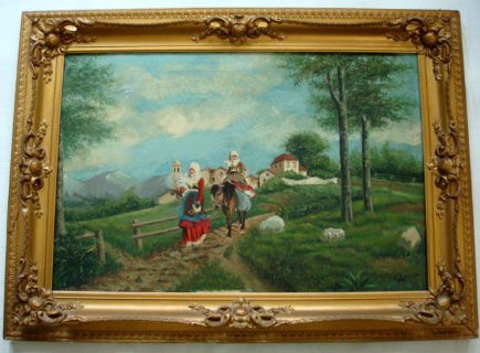 G. Leonie, European Painting, 19thC: G. Leonie, (France b. 19th c), "Peasant Girls with Animals" Medium: Oil on canvas Dimension: Frame 37-1/4" x 27", Canvas 21" x 30". Condition: (2) slight repairs, overall good. Provenanance: Connectic