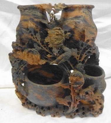 Chinese Carved Soapstone Vase: Chinese Carved Soapstone Vase Flowers & Bird Dimensions: 9.5" (H) x 9" Condition: Very good. Provenance: Private estate, Rockland County