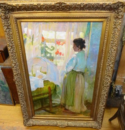 Jacques Deveau, "Sweet Dreams", Painting Signed: Jacques Deveau (France b. 1937) Medium: Oil on Canvas. "Sweet Dreams" Signed: J Deveau, lower left Dimensions: Framed: 46 1/2" x 34"; Site: 35" x 23" Condition: Excellent condition in an ornate gilded