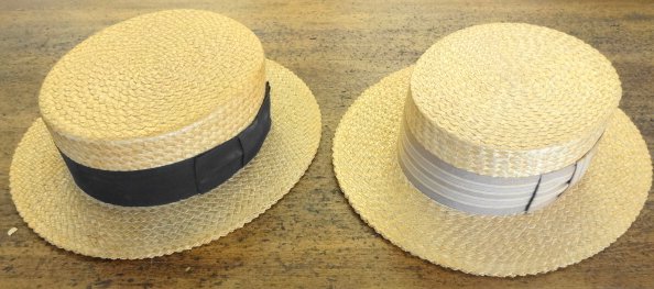 Men's Vintage Straw Hats with Grosgrain Ribbon (2): Men's Vintage Straw Hats with Grosgrain Ribbon (2)1. Made by Young's, New York, Oakdale.Hat is in very good original condition. Inner lining intact. Soiling noted. Leather band present. Needs re-stitc