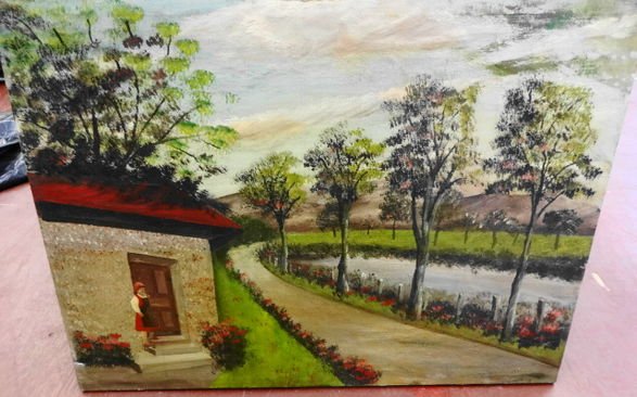 WPA Painting, "River Road", M. Klein, Circa 1930: WPA Painting, "River Road", M. Klein, Circa 1930 M.Klein, (American 20th Century) Oil on canvas Dimension: 29 1/2" x 21 1/2" Condition: Overall good, some paint loss on outer edges. **see photos for d