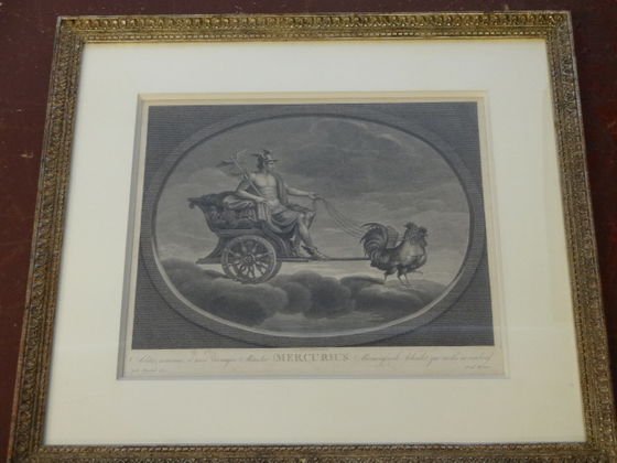 Old Master Engraving, "Mercurius" Mythology: Raphael Sanzio d'Urbinos (1483-1520) after. Medium: Copper Engraving. Date of creation: 1780. Title: Old Master Italian Engraving, "Mercurius" Dimension: Frame 21-1/2" x 24"; Site 15-1/2" x 13-1/8". C